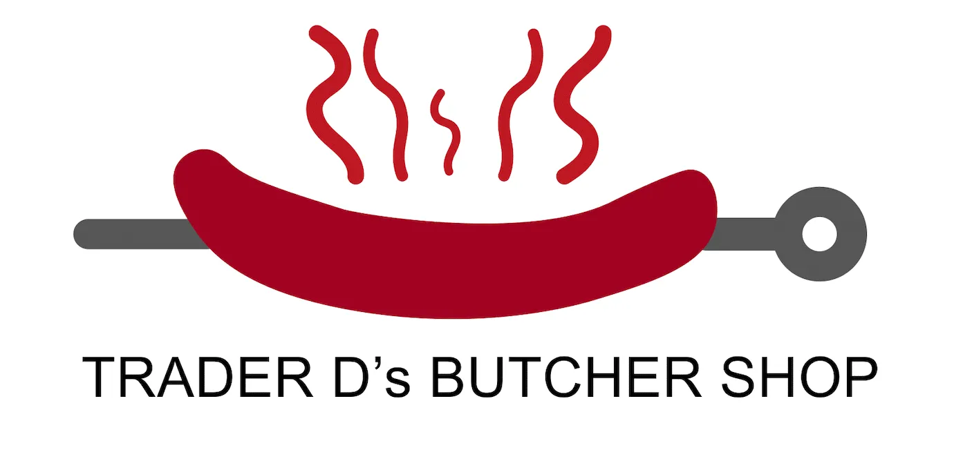Trader D’s Butcher Shop logo with sausage skewer graphic